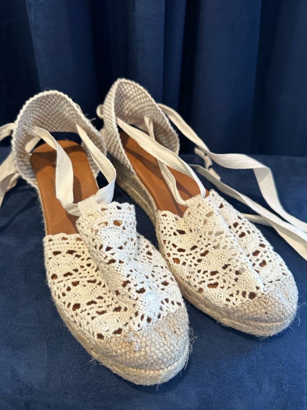 Crochet Tie Espadrille Wedges - Cream